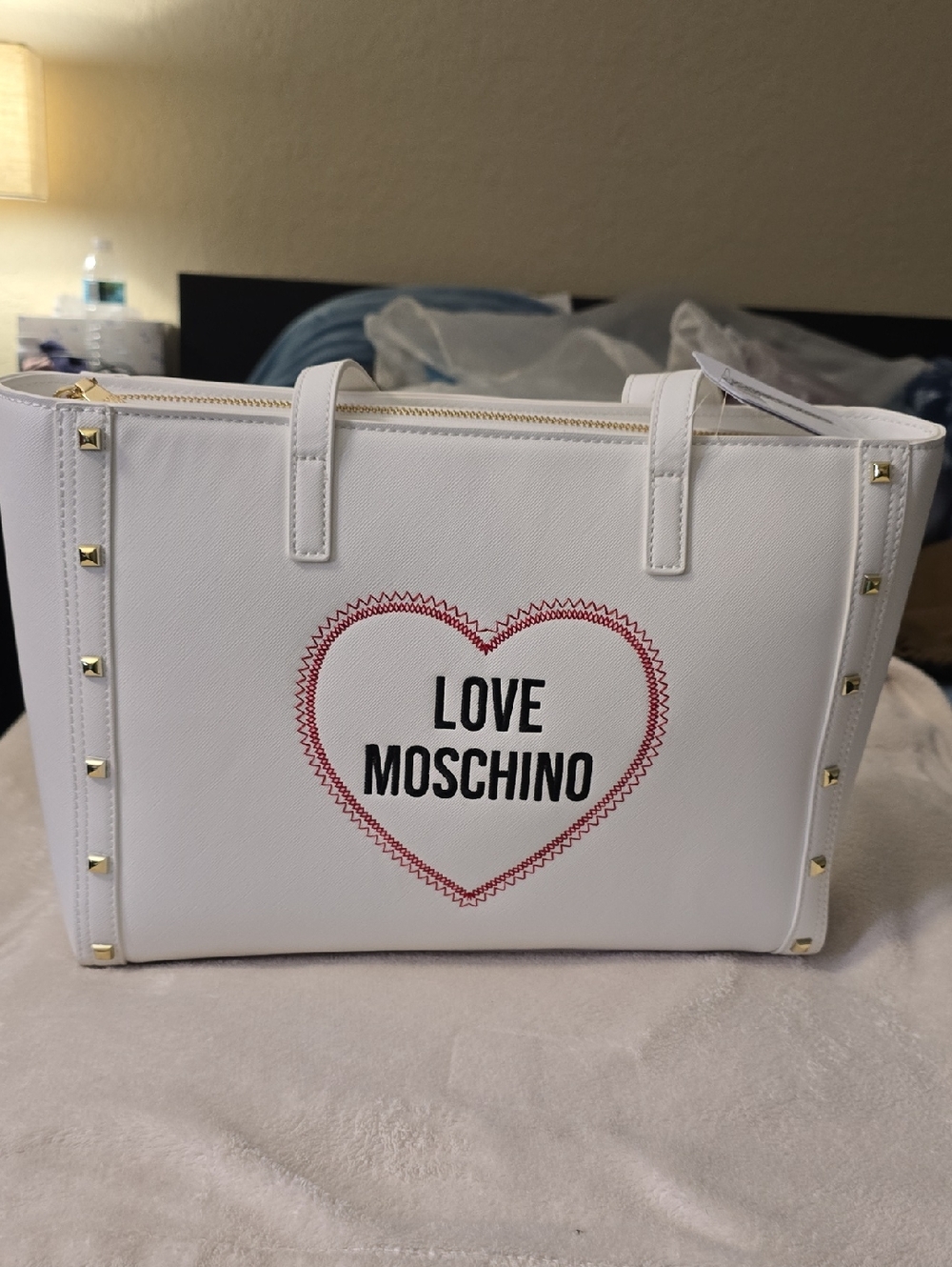 Love Moschino White Tote with Red Heart and Gold Studs